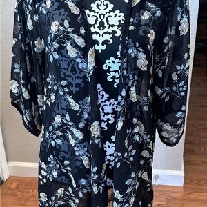 Chic Black with yellow roses Floral Kimono trimmed with black crochet.